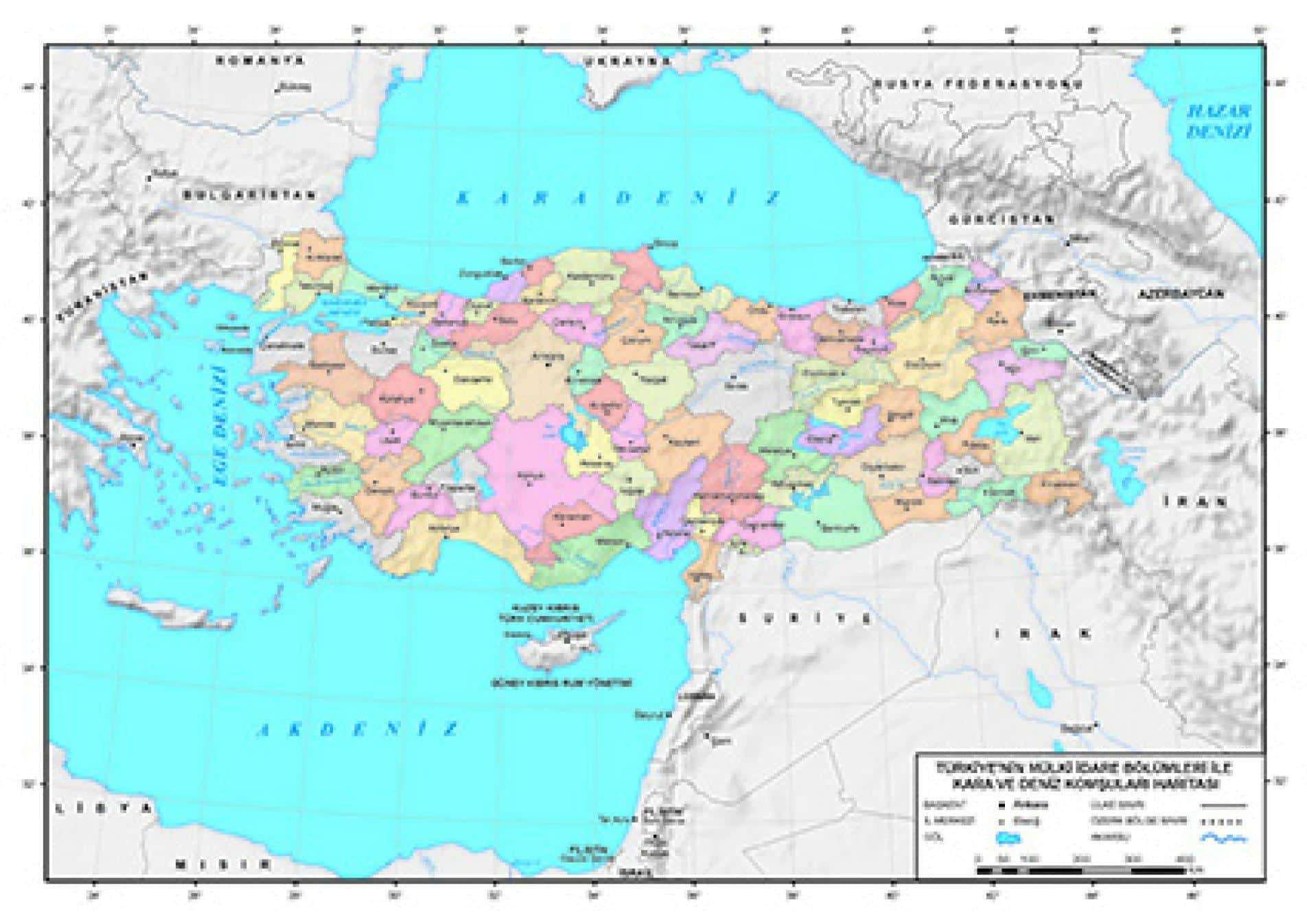 TÜRKİYE'NİN MÜLKİ İDARE BÖLÜMLERİ İLE KARA VE DENİZ KOMŞULARI HARİTASI