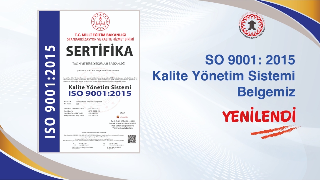 Başkanlığımızın ISO 9001:2015 Kalite Yönetim Sistemi Sertifikası, Yapılan Dış Tetkik Sonucunda Başarıyla Yenilenmiştir